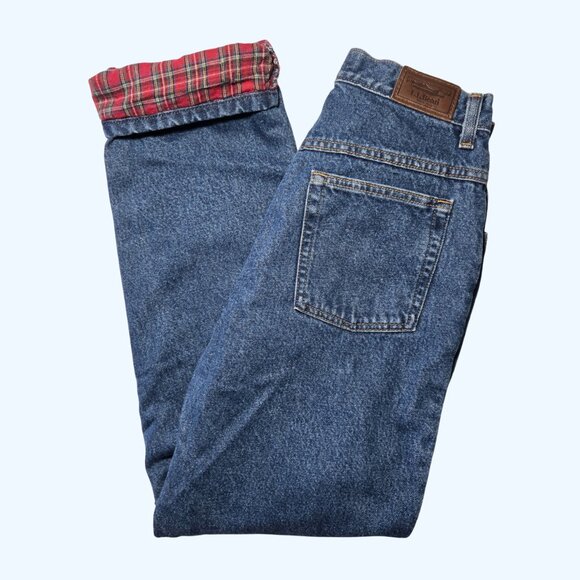 LL Bean Jeans Womens 8 Blue Red Plaid Flannel Lined Double L Relaxed Fit Tapered - Picture 1 of 9